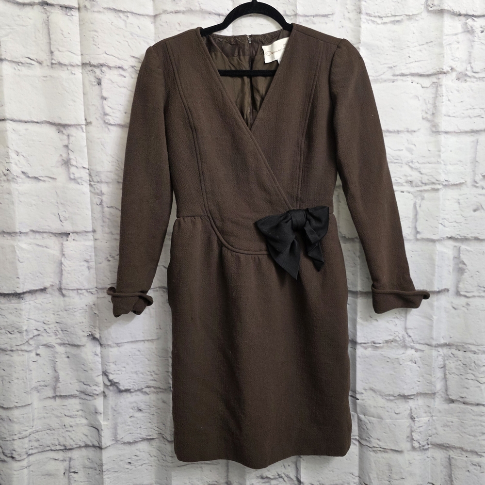Oscar de la Renta Brown Long Sleeve Dress with Black Bow